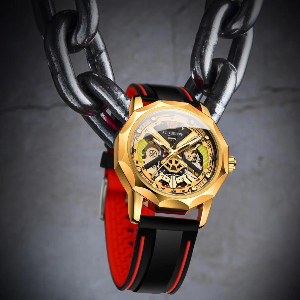FORSINING Mens Watches Hand-winding Mechanical Skeleton Watch for Men Hollow Out Rubber Strap Waterproof Luminous Mens Wristwatch