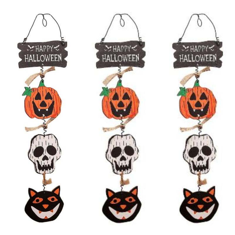 New Wooden Halloween Door Sign Pumpkin Ghost Bat Happy Halloween Doorplate Trick Or Treat Horror Props Door Hanging Decorations