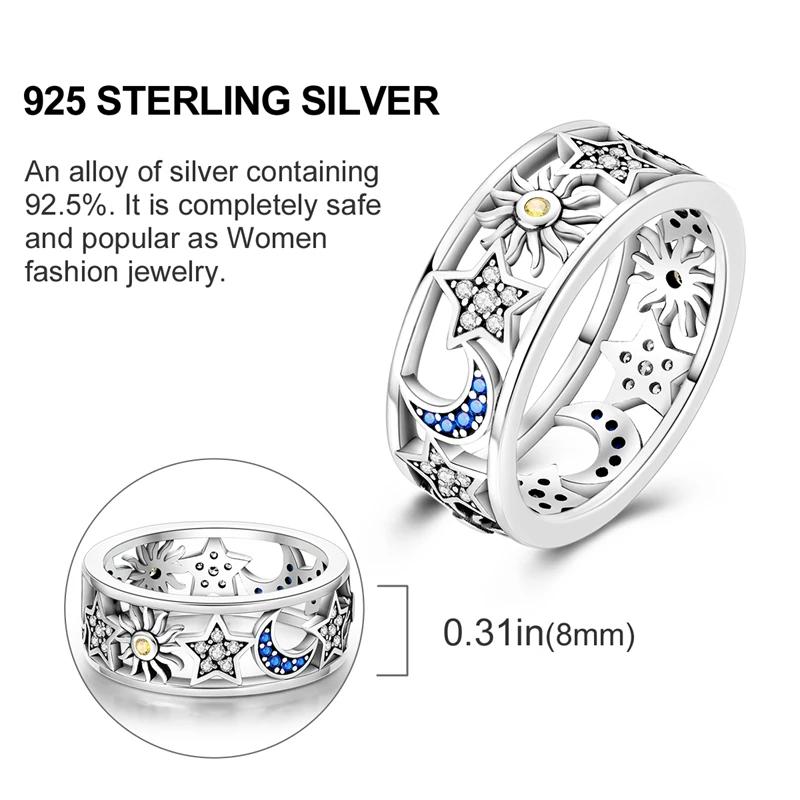 925 Sterling Silver Rings Gold Color Sun Moon Stars Sparking Wedding Ring Certified Women Engagement Jewelry Anniversary Gifts