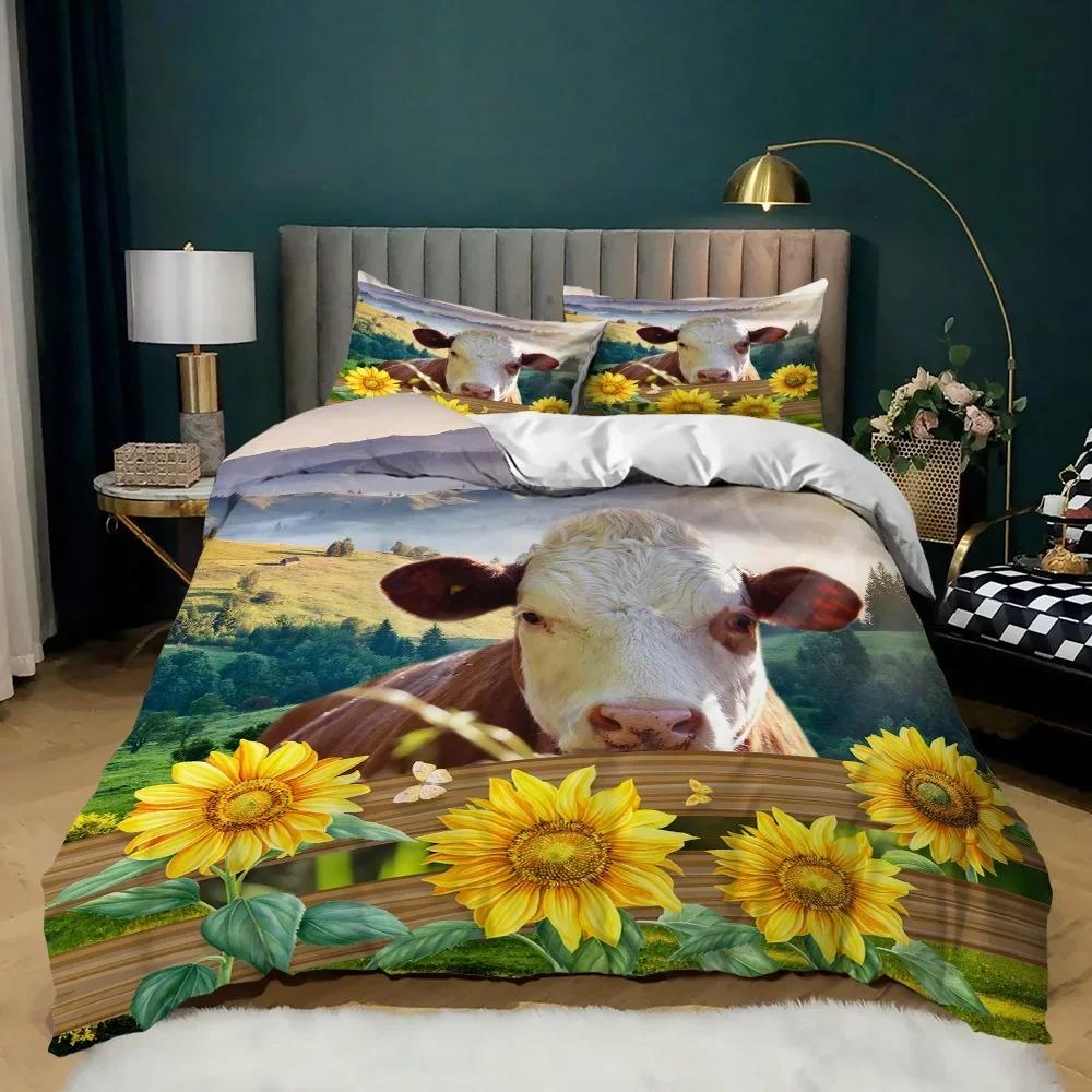 Sunflower Cow Bedding Set Kids Yellow Floral Cattle Duvet Cover King/Queen Size for Girls Teens,Western Bull Decor Quilt Cover