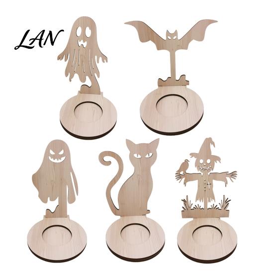Small Tealight Display Halloween Wooden Candle Holder, Silhouette Ghost/Bat/Scarecrow/Bat Ghost Decor Holder for Home Table Fireplace Black Cat Base
