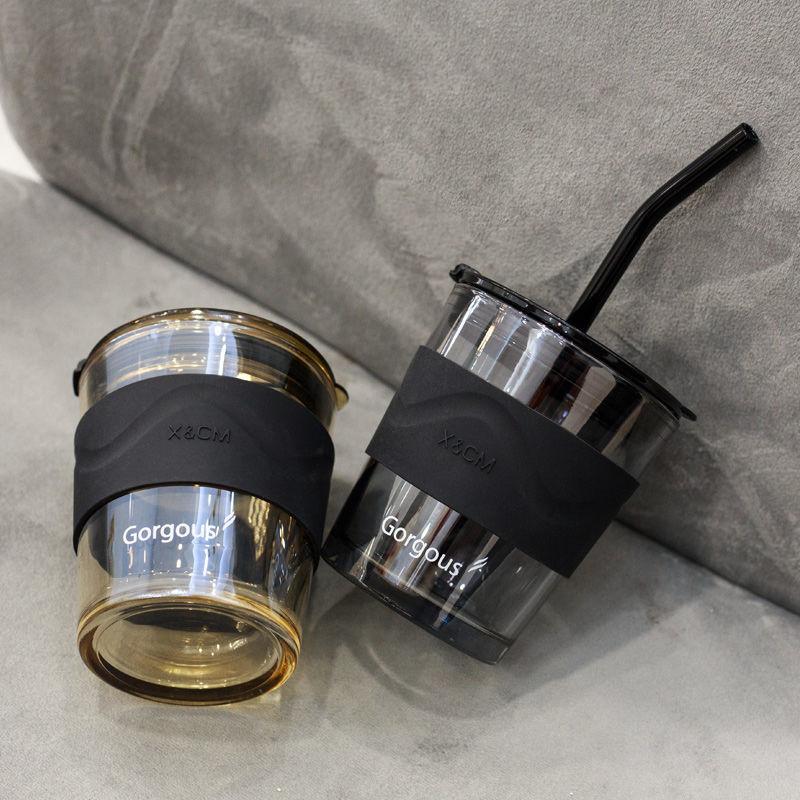 Portable Glass Cup Large Capacity Coffee Cup Straws Reusable with Lid Straw Cup Cute Coffee Mugs and Cups