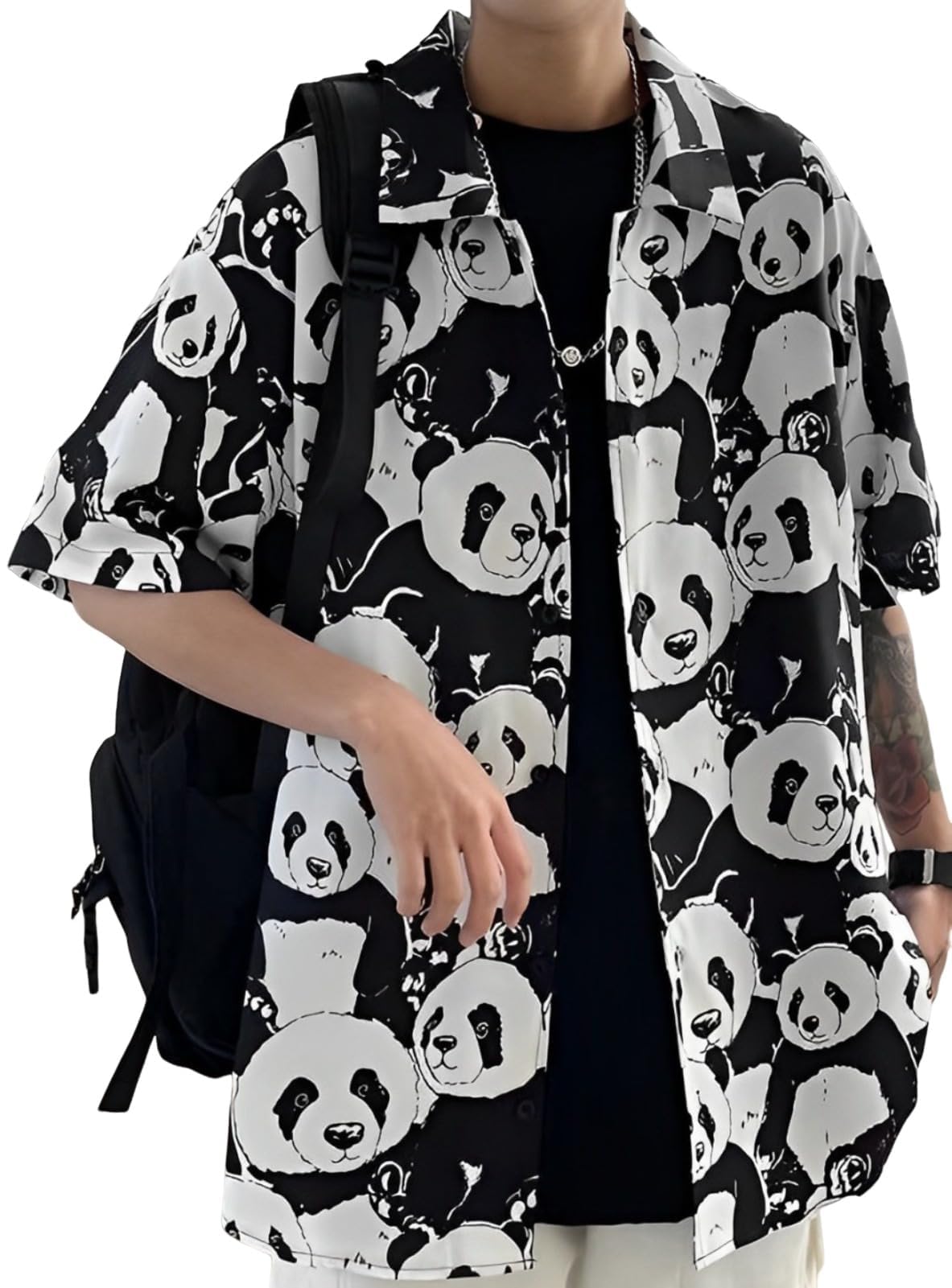 

Стильная футболка с коротким рукавом «Панда», прохладная, слегка открытая, с широким бедром, не черно-белая [aspersio], с принтом по всей поверхности, с воротником, рубашка с открытым воротником, топы, мужская,