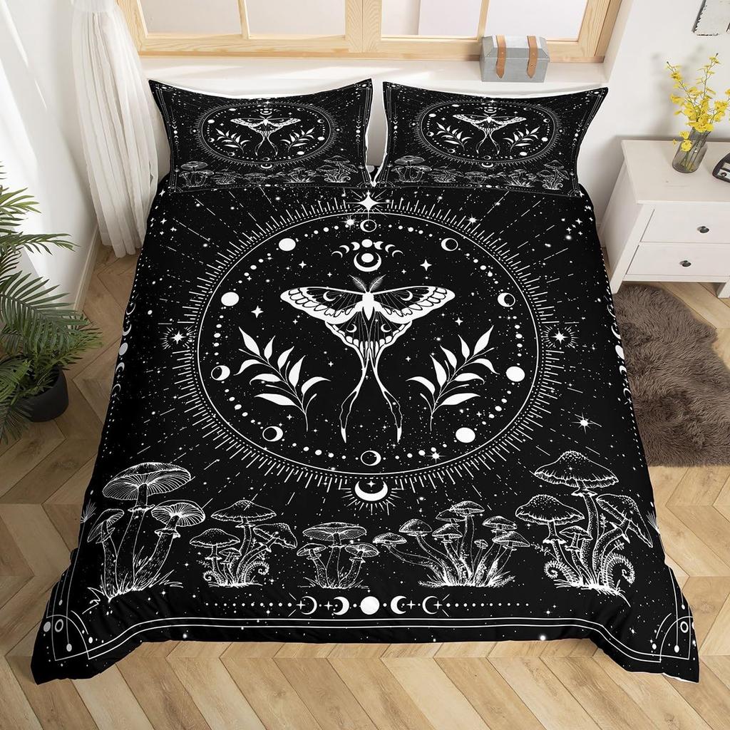 Gothic Moth Duvet Cover, Butterfly Bedding Set Full Queen Flower Weed Botanical Comforter Cover Psychedelic Galaxy Quilt Cover