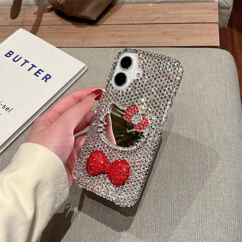 Rhinestone Kt Cat Mirror Premium Sense Mobile Phone Case for Iphone16Promax Bow Tie Apple 17 Lanyard Women's Model
