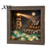 Winter Snow Scene Decoration Christmas Sea Glass Shadow Box Night Light, 3D Wooden Seasonal Shelf Display Art Frame with LED Warm Glow, Landscape