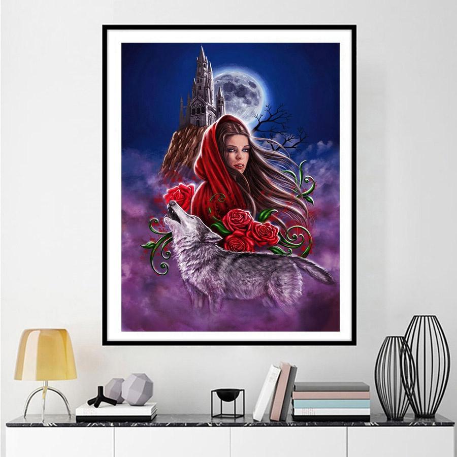 Diamantmålning Flicka och varg Hel fyrkantig/rund mosaikbroderi Heminredning Handgjord present