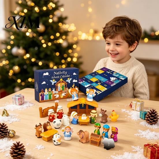 Interactive Christmas Surprise Toy 24 Days Nativity Advent Calendar for Kids, Countdown Decoration Children with Mini Figurines, Holiday