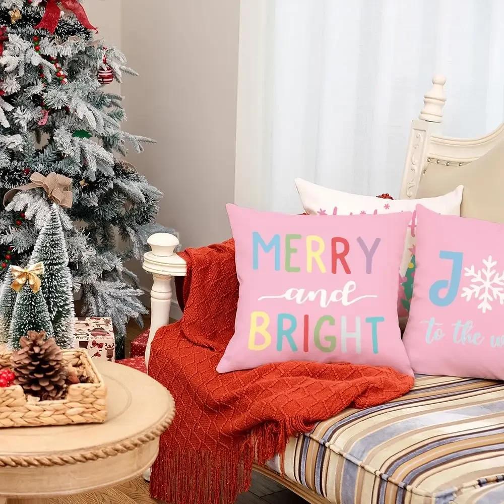 Pink Christmas Throw Pillow Covers 18x18 Inch Set of 4 Striped Truck Xmas Trees Farmhouse Holiday Cushion Cases for Home Decor