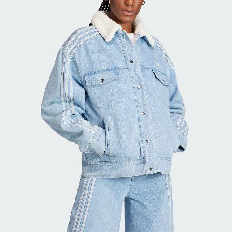 adidas Originals Spicy Girl Trefoil Patchwork Velvet Denim Jacket Women Outerwear Light-Blue IS5250