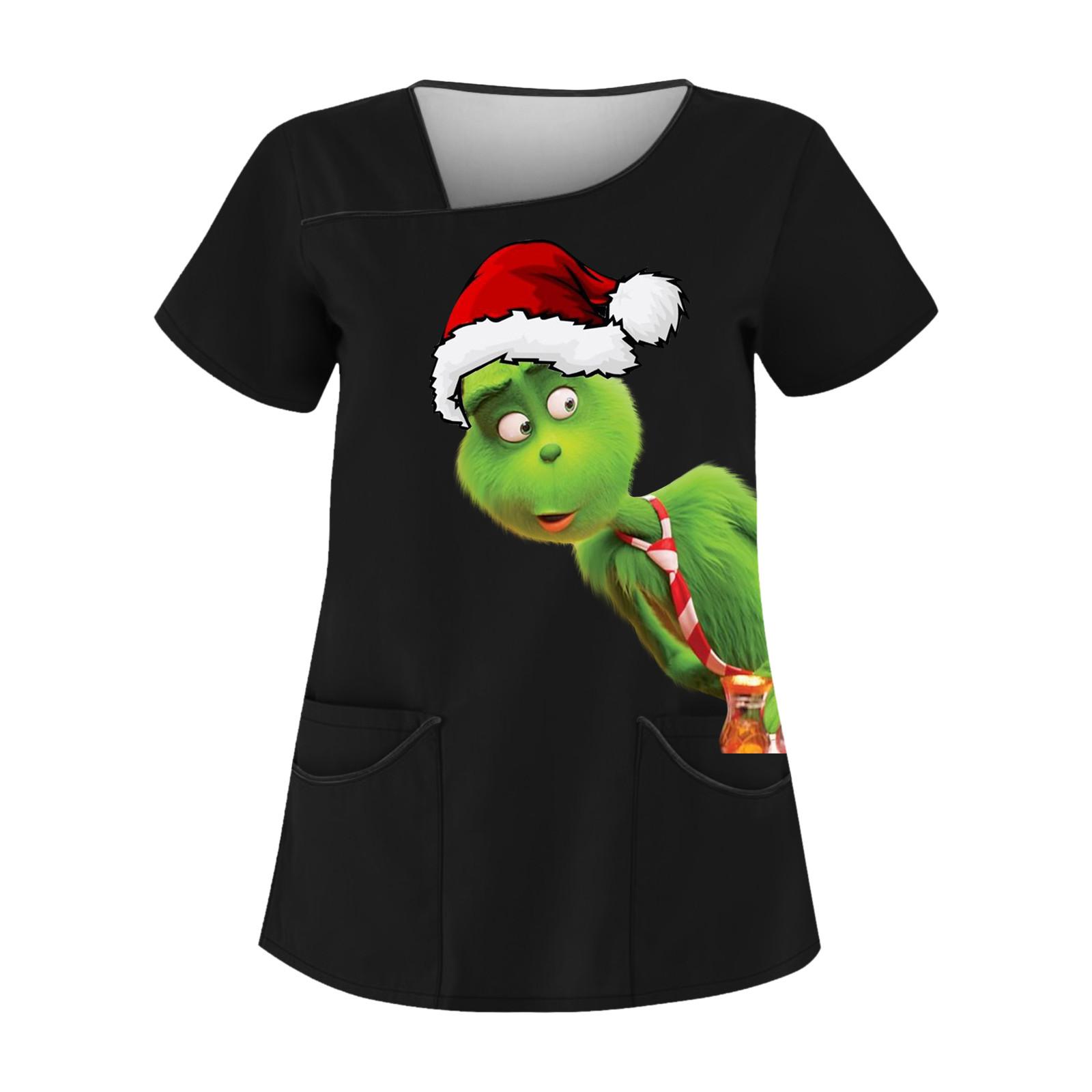 

Женская рабочая одежда с косым воротником, двумя карманами и рождественским принтом, базовый топ-пуловер S темно-зеленого