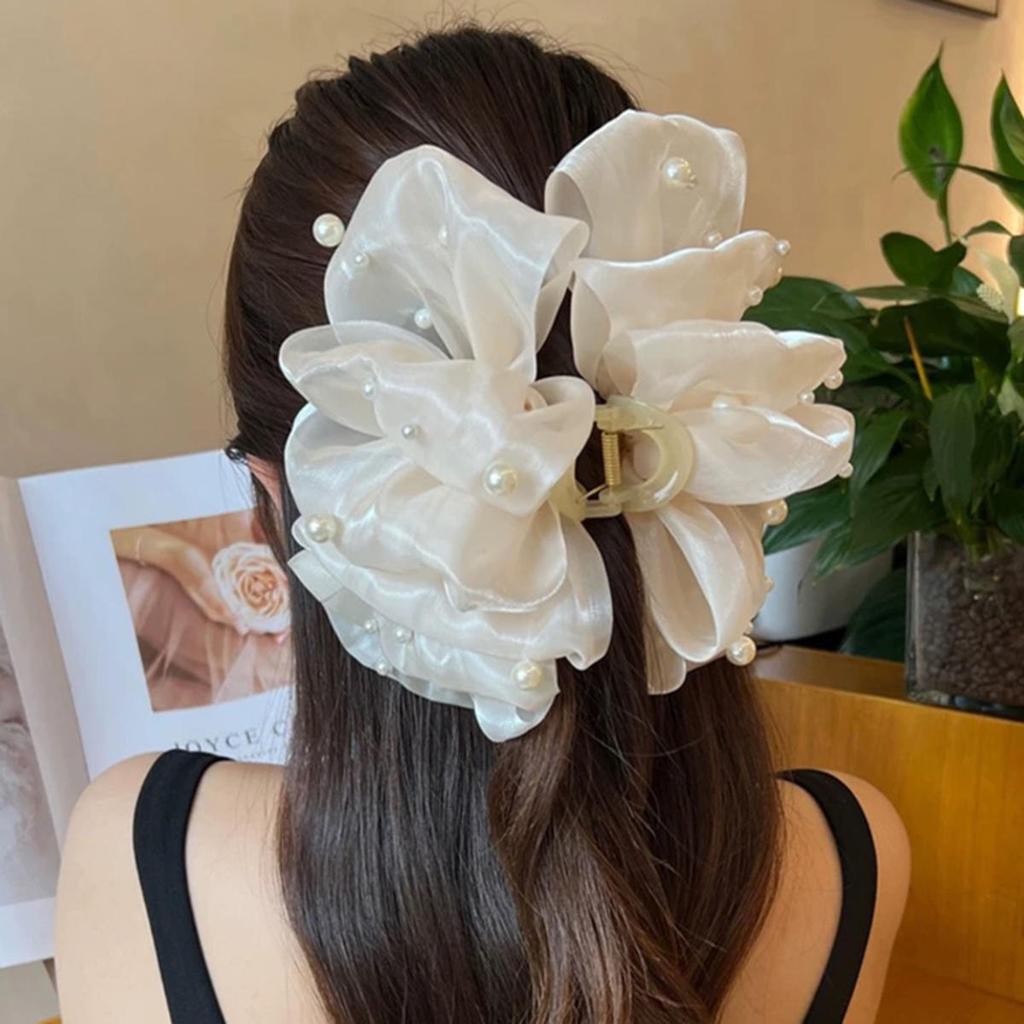 Hair Claw For Women Large Pearl Bow Gauze Shark Gripper Claw Elegant Exquisite Updo Hair Clip Girls Hair Accessories