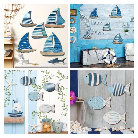 Wood Nautical Wall Decor Vintage Sailboat/Fish Wall Art Coastal Theme Wall Sculpture for Home Lake House Ocean Bathroom Decor