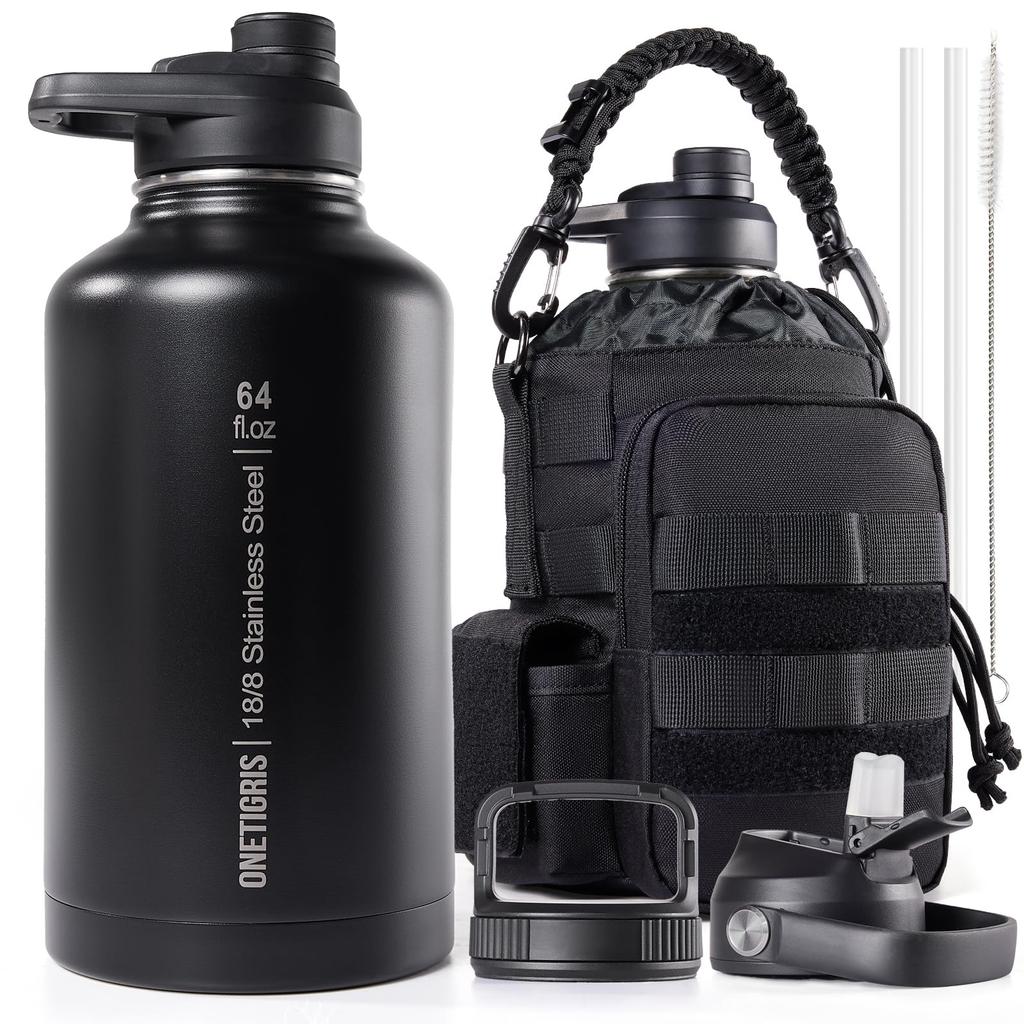 OneTigris Stainless Steel Water Bottle Military with 3 Replacement 2 and 1 Wide Easy To Suitable for the and Black 1.9L Set, Style, Insulated, Cover,