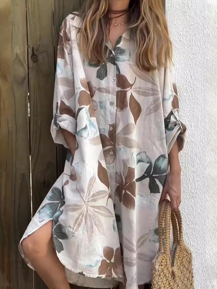 2026 European & American Women's Summer Casual Loose Printed Short-Sleeve Shirt Dress