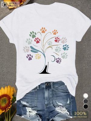 Women's Short Sleeve T-Shirt Paw Print Tree This Minimalist Fresh And Stylish Women'S Casual Sports T-Shirt Has a Round Neck