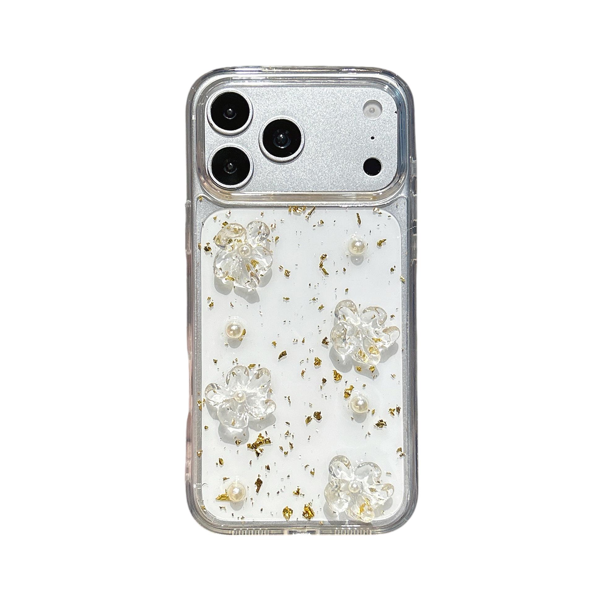 

Fresh Glazed Resin Flower Case for iPhone 17 Pro Max Gold Foil, Compatible with iPhone 15 Pro, Women s 16 Plus прозрачный