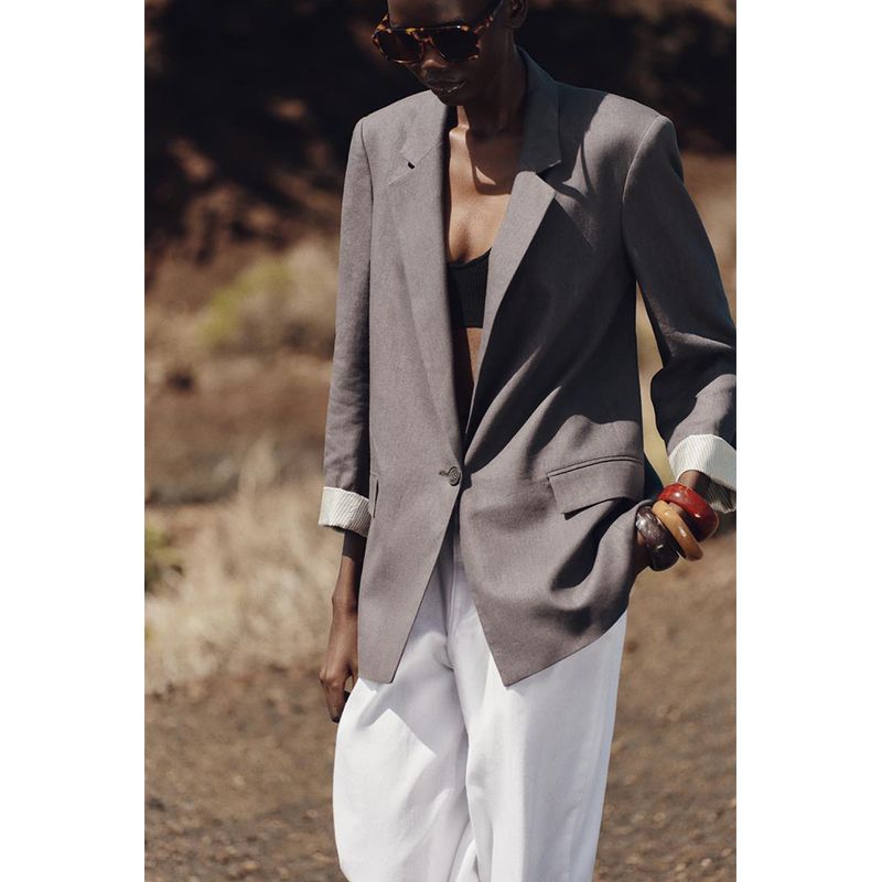 Spring New Women's Clothing Print Cuff Linen Blended Casual Suit Jacket 2753630 2686709