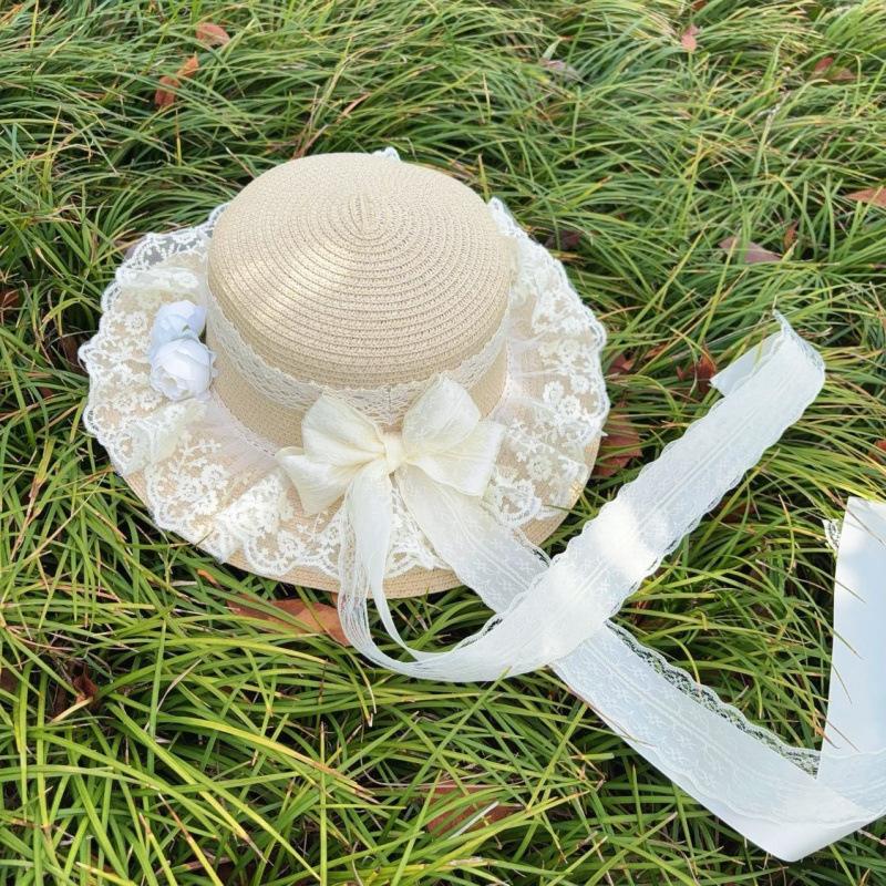 A Mori Pastoral Lo Girl Soft Girl Hat Lace Bow Visor Doll Woven Hat Streamer