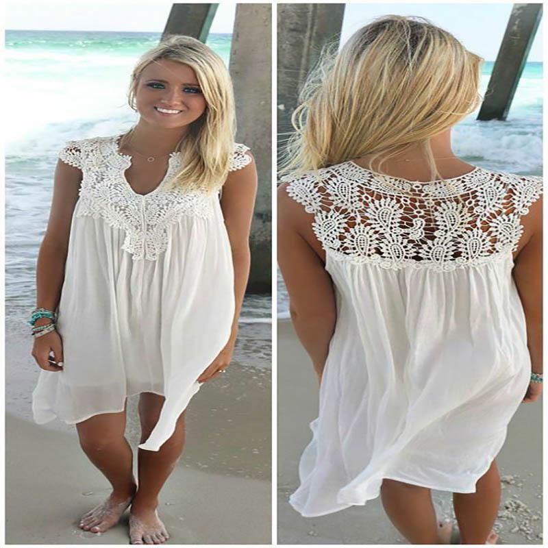 

Размер Леди Плюс Бохо Безрукавные Вечерние Топы Женские Свободные Летние Пляжные Платья Кружево S белый