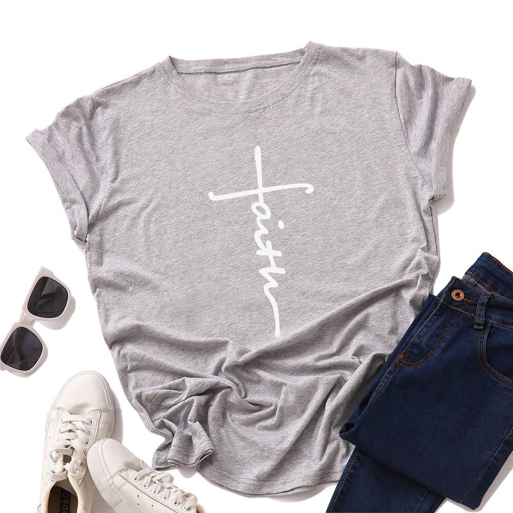 Summer Round Neck Heart-shaped Letter Faith Printed Top Fashionable Casual Pure Cotton Short Sleeved Women's T-shirt
