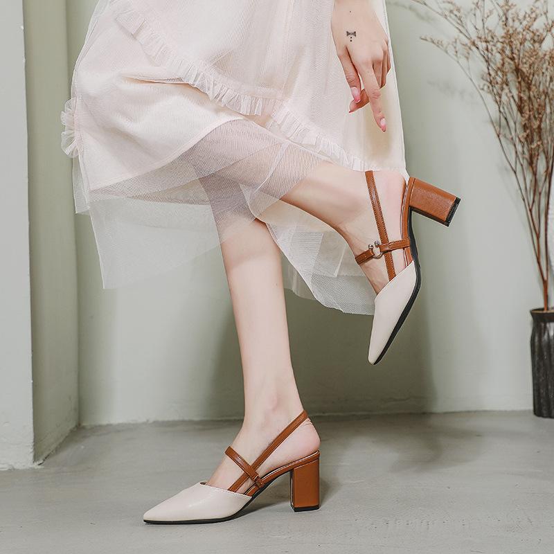 Fashion Korean style pointed toe high heels sandals women mixed color cutout summer leather pumps female chunky heel skirt sandalias