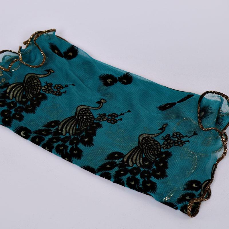 Peacock Plush Breathable Long Scarf with Gold Foil and Lace Edging for Women