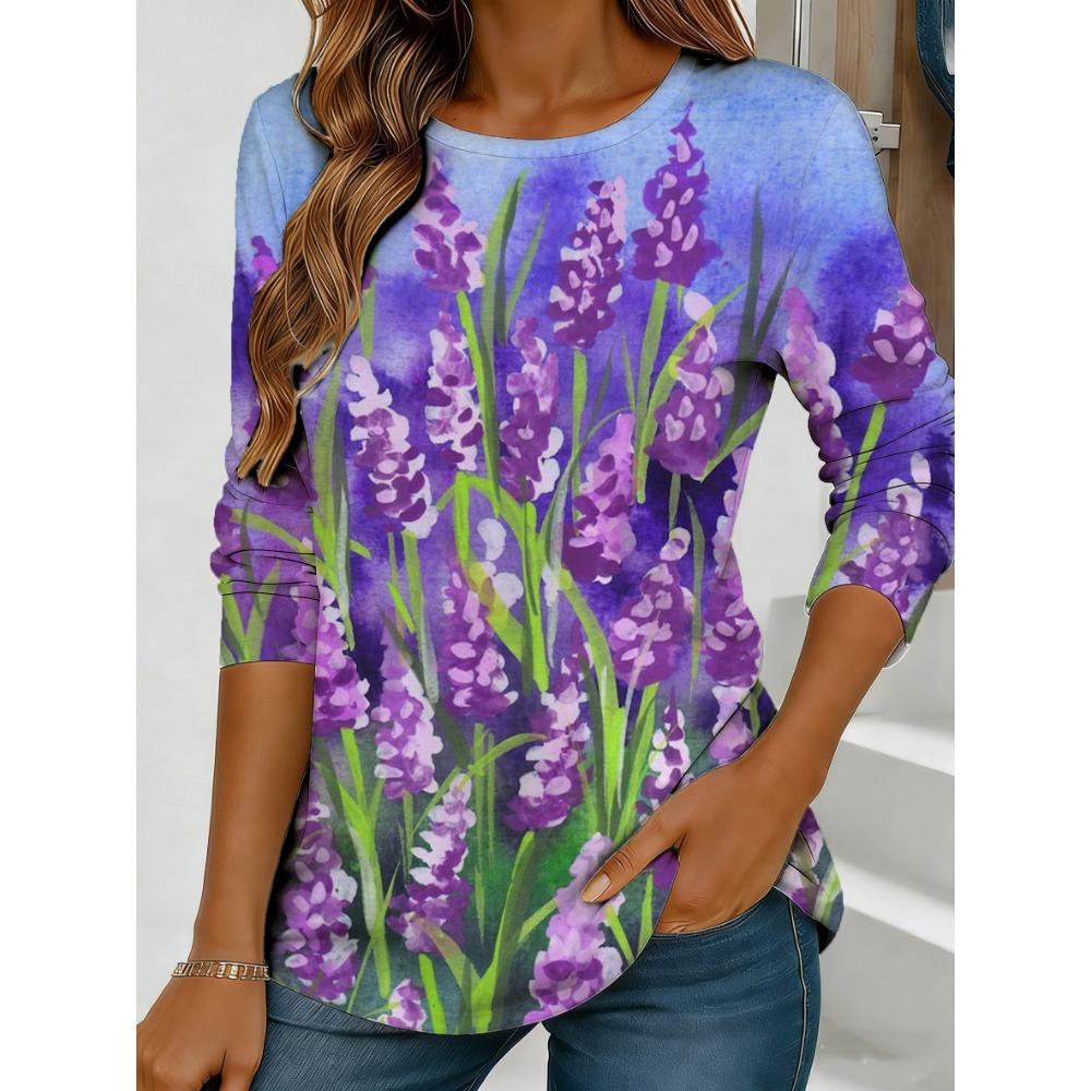 Women's Blue Flower Watercolor Printed Long Sleeve