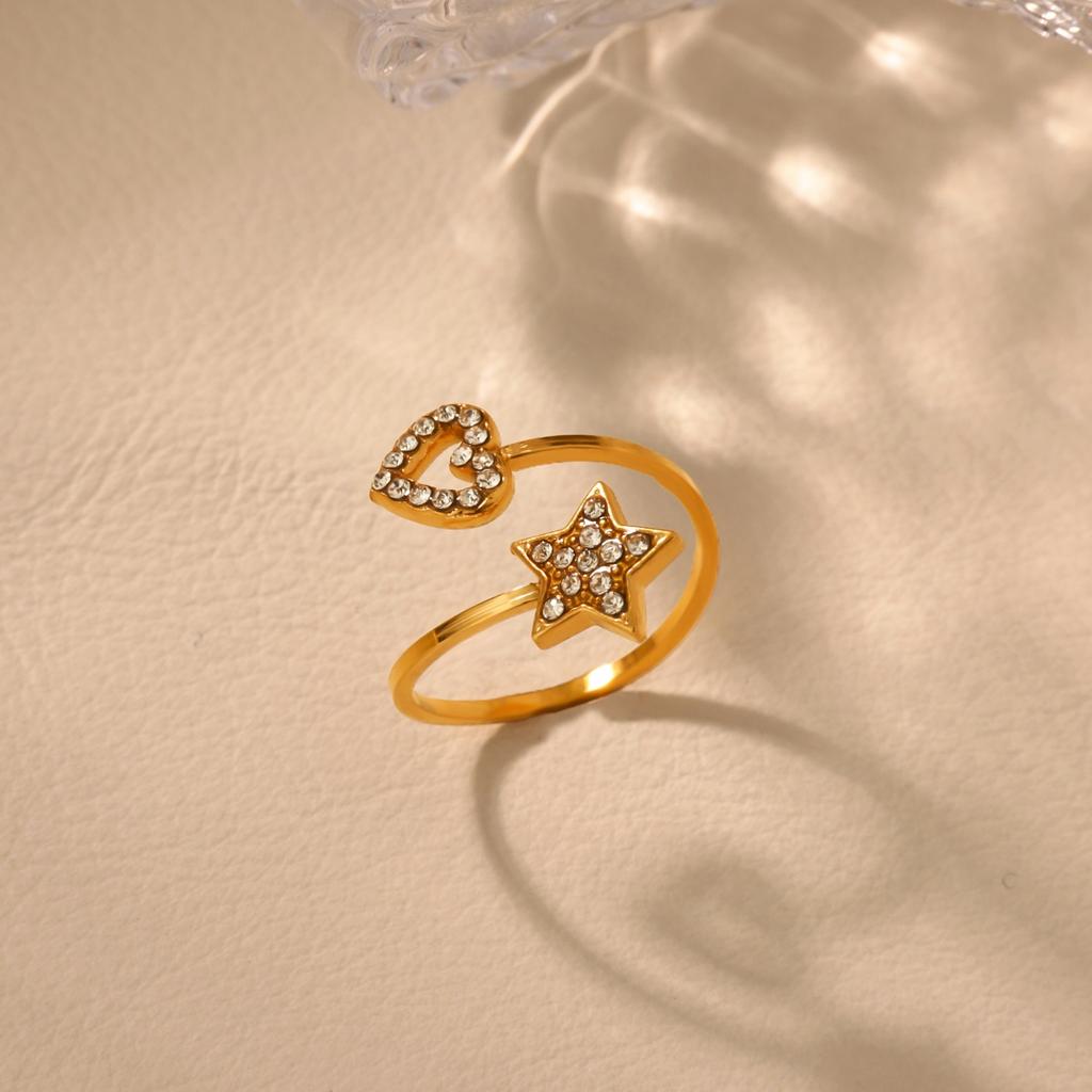 Zircon Star Heart Open Rings For Women Stainless Steel Gold Color Opening Adjustable Ring Wedding Engagement Christmas Jewelry