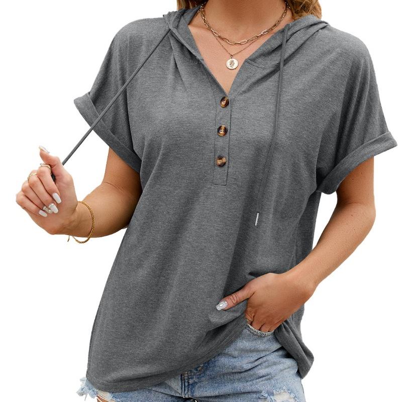 Summer New Solid Color Plus Size Casual T-shirt Women with Hooded Buttons Loose Short Sleeve T Shirt Women Fashion Elegant Lady Tee Tops 24297