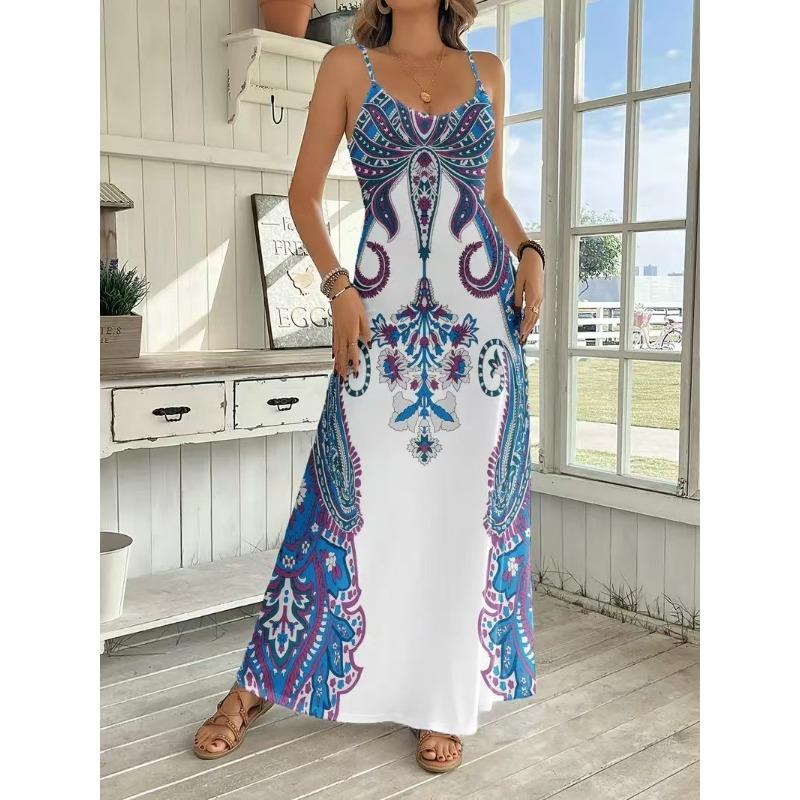 women s Bohemian Paisley Print V Neck Spaghetti Strap Maxi Dress Casual A Line Long Sundress S белый