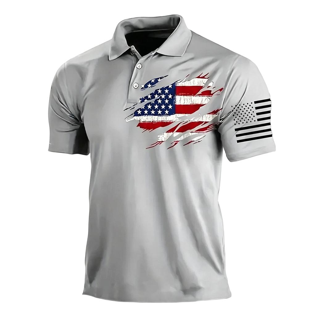 Men’s Casual Polo Shirt Short Sleeve with Flag Print Turn Down Collar Classic Fit for Everyday Wear Outdoor Activities