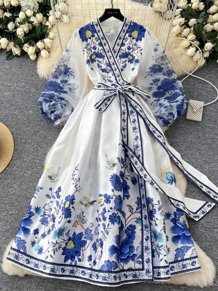 Vestido de Fiesta Boho para Mujer Impresión Floral Preciosa Gasa Manga de Farol Cierre de Cordones Cruzado Cuello en V Empalme de Banda de Satén