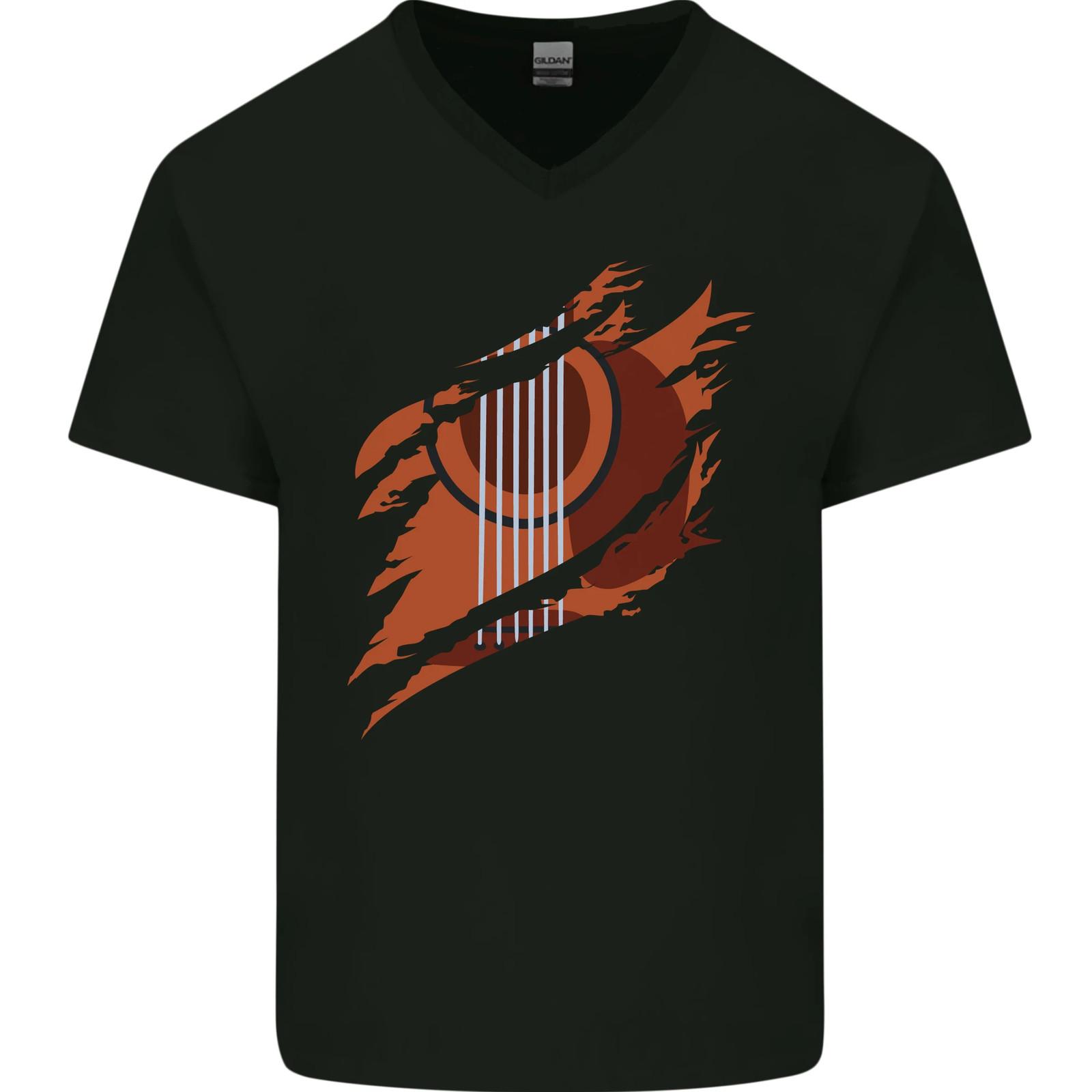 Ripped Torn Acoustic Guitar Music Funny Mens VNeck Cotton T-shirt XL
