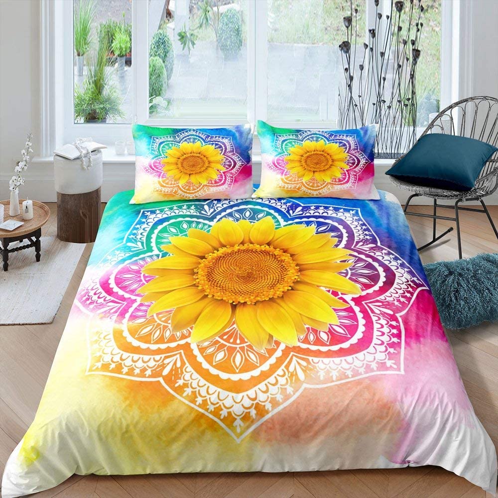 Sunflower Duvet Cover Set Polyester Comforter Cover Pink Tie Dye Bedding Set Yellow Petal Floral For Kids Girls Women King Size