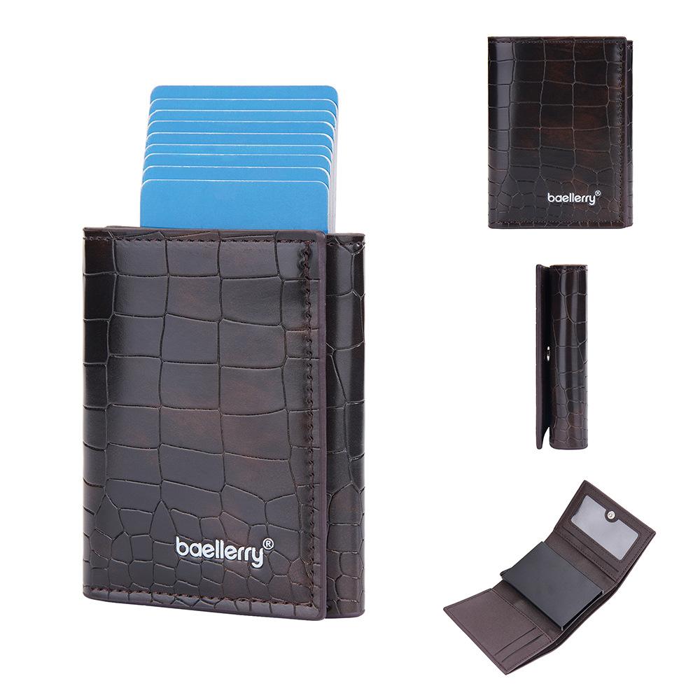 

New men s card bag, European and American RFID metal aluminum box, elastic card box, crocodile pattern three-fold wallet коричневий
