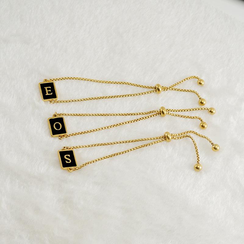 18K Black Square Adjustable Bracelet - Women's European & American Style, Titanium Steel with English Alphabet.