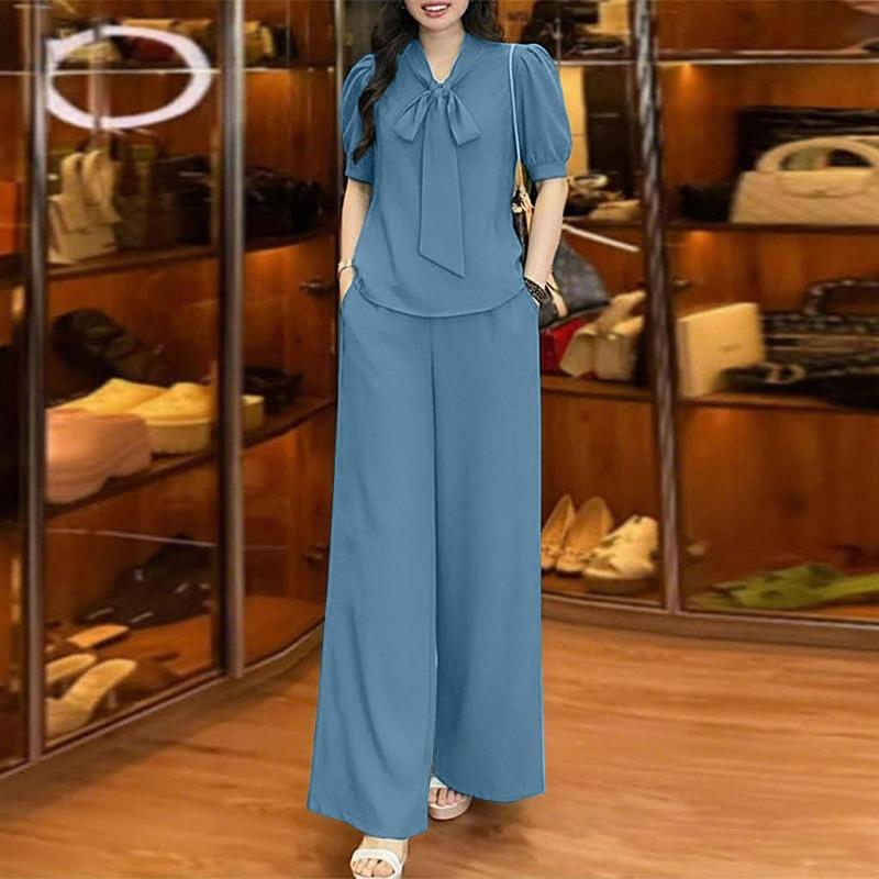 

ZANZEA Женская блузка с коротким рукавом и брюки Повседневные костюмы-двойки 4XL темно-синий