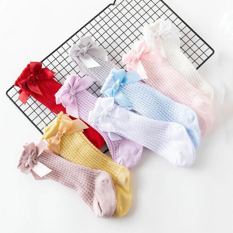 Baby Princess Knee High Long Socks with Lace Ruffles Simmer Spring Mesh Thin Cotton Korean Bow White Stockings for Newborn Girls