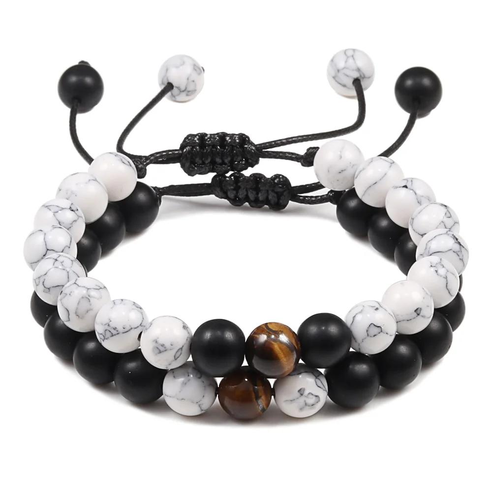 Hot 2pcs/Set Couples Distance Braid Bracelets Natural Stone White And Black Ying Yang Beads Bracelet Best Friend Strand Jewelry