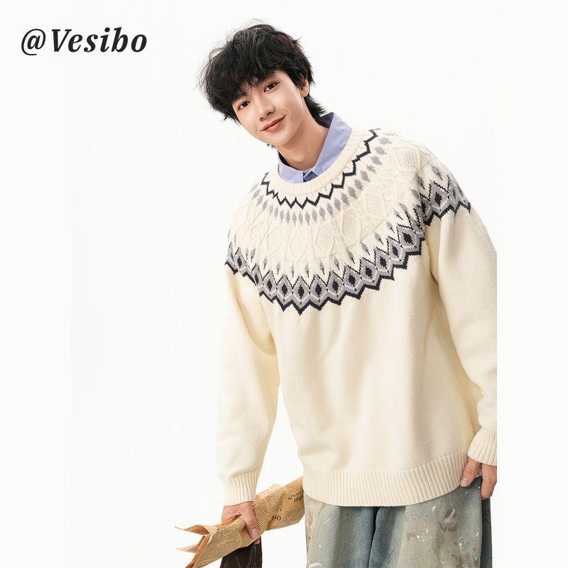 Trendy Fair Isle Cable Knit Sweater for Men, Winter American Style Versatile Crew Neck Knitwear, Vintage Lazy Style Couple's Top