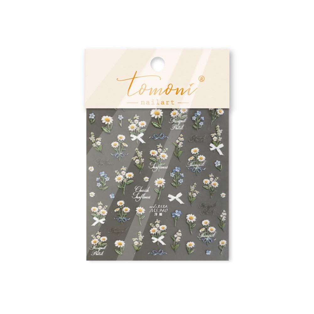 Daisies Sunflower Wildflowers Spring Embossed Nail Stickers Waterproof Gold and Silver 3D Nail Art Decals Self-adhesive