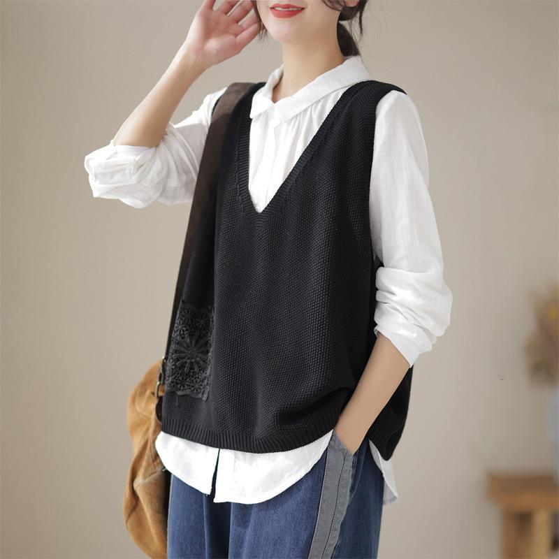 Round Neck Knitted Vest Women Spring Casual Sleeveless Wide Loose Adults