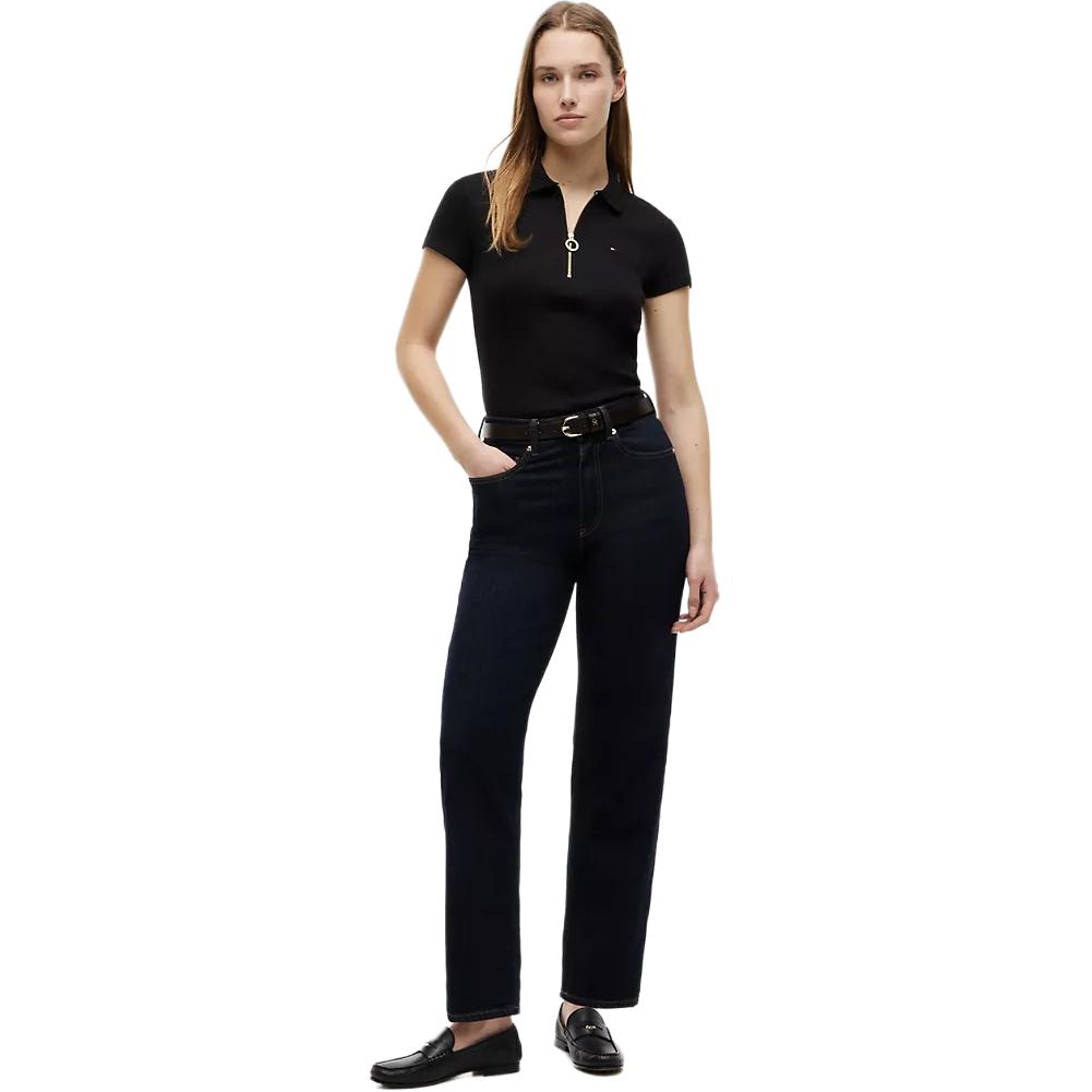 Tommy Hilfiger Slim Fit Essential Zip Polo T-Shirt Women Tops Dark-Sable Black 76J1536-BDS