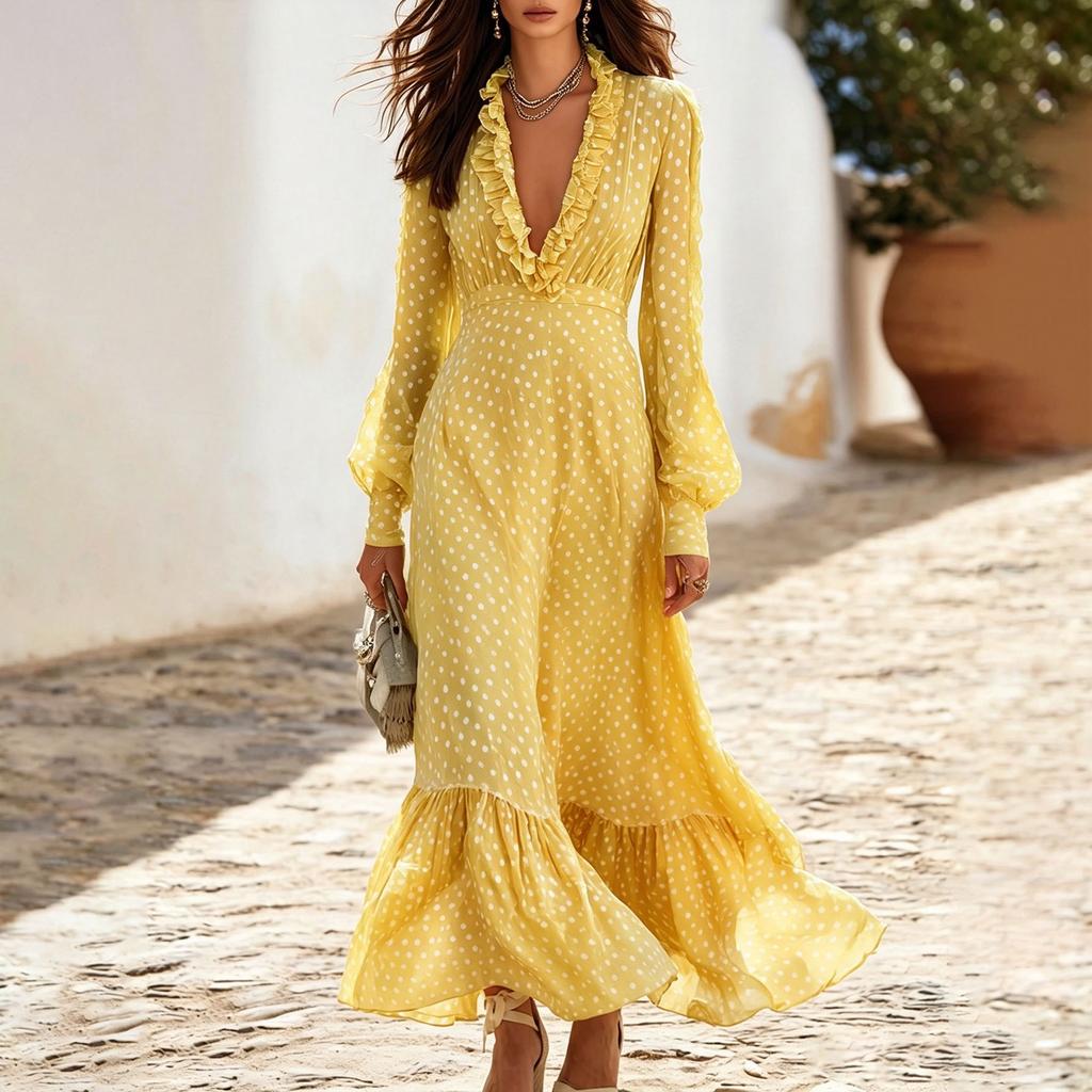European and American women's clothing new vacation polka dot long dress deep V fungus edge waist long-sleeved dress