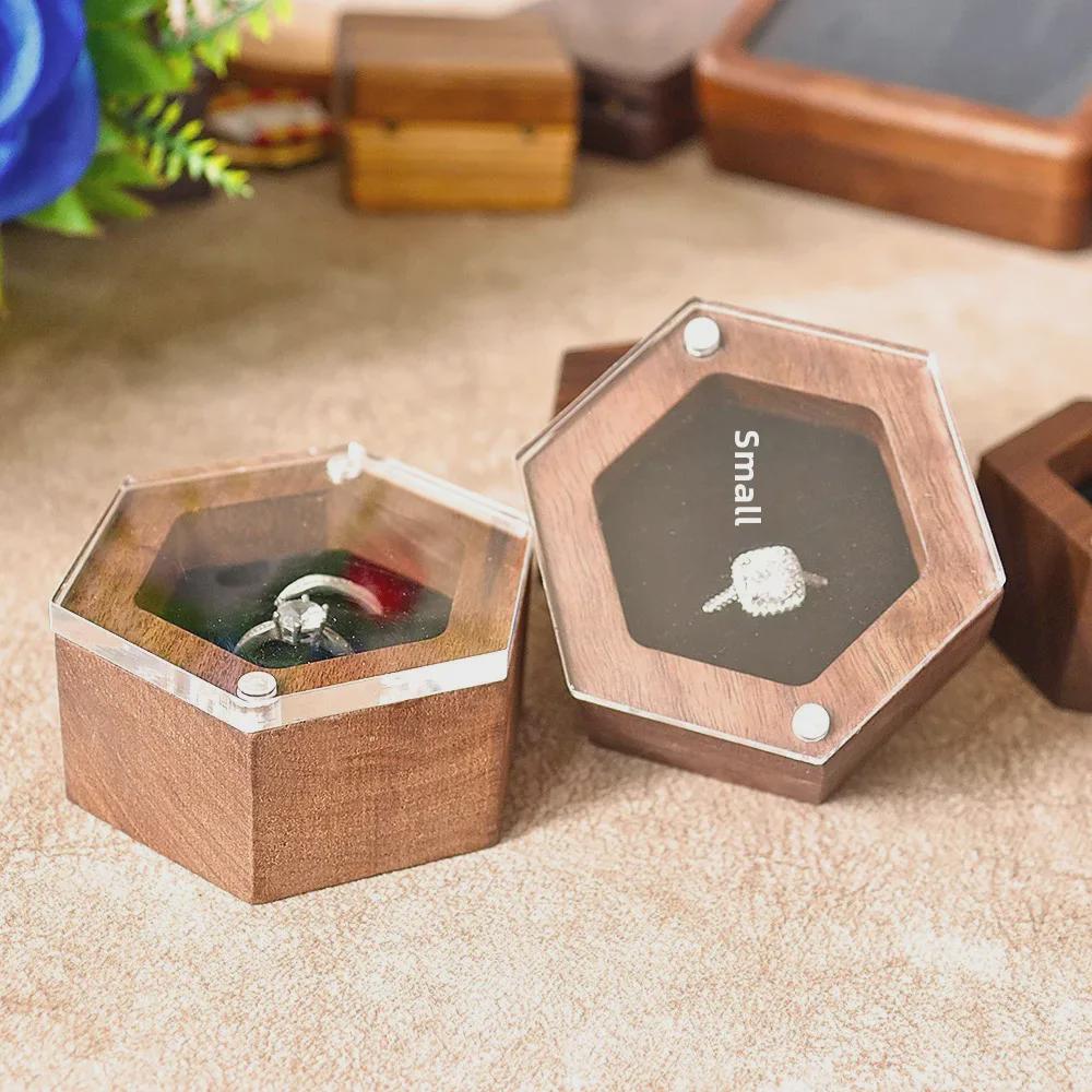 Magnetic Black Walnut Acrylic Ring Box for Engagement or Gift