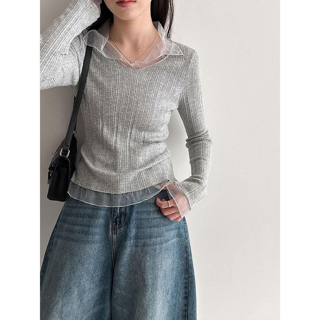 Lu Xi Women's V-neck Korean Style Mesh Patchwork Knit Top, Early Spring 2026 Collection