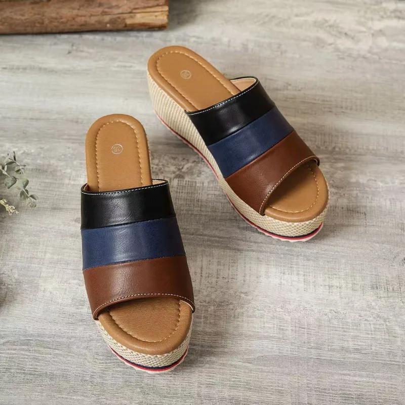 Fashion Designer Slippers for Women Summer Open Toe Beach Slippers Fashion Wedge Platform Sandalias High Quality Casual Leather Slippers
