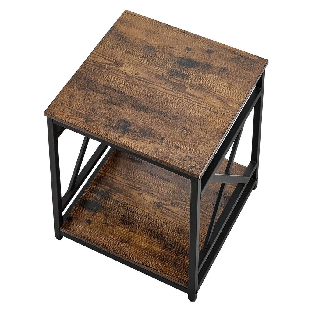 End Table, 2-Tier Square Side Table with Open Storage Shelves, Modern Nightstand Bedside Desk with X-Design Metal Frame, Wood Sofa Coffee Desk for
