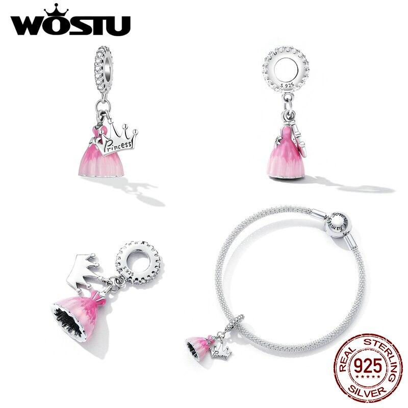 WOSTU Robe en argent Sterling 925 rose, couronne de princesse, pendentif à perles, adapté au Bracelet Original, collier, bijoux pour femmes